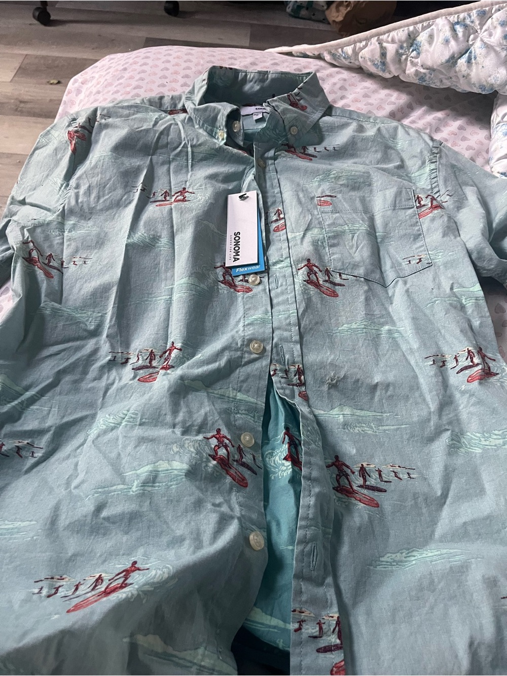 Sonoma Mint Surf Print Button-Up Shirt with Red Accents